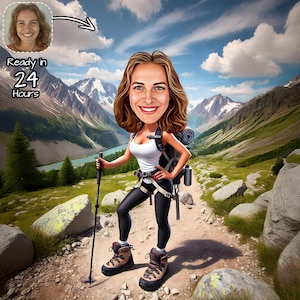Può includere: Caricatura di una donna che fa un'escursione in montagna. Indossa una canotta bianca, leggings neri, scarponi da trekking e uno zaino. Tiene un bastoncino da trekking e sorride. L'immagine include il testo "Ready in 24 Hours".