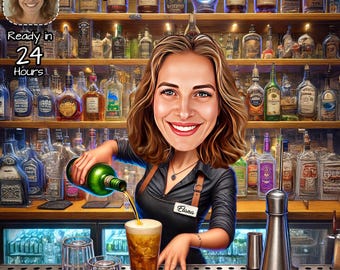 May include: A cartoon illustration of a bartender pouring a drink into a glass. The bartender is wearing a black apron and a black shirt. The background features shelves of liquor bottles and the text "Ready in 24 Hours!"