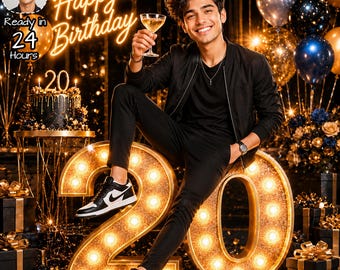 May include: A custom birthday portrait featuring a person in a black bomber jacket and black trousers sitting on a large, illuminated number 20 marquee light. The scene includes a black cake with gold accents, balloons, and gift boxes.