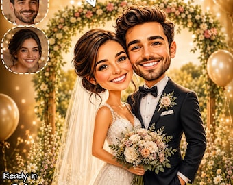 May include: A cartoon-style digital illustration of a bride and groom standing together. The bride wears a white lace wedding dress and veil, holding a floral bouquet. The groom wears a black suit with a bowtie and a small floral boutonniere.