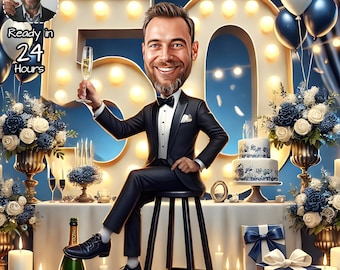 May include: A cartoon illustration of a man in a tuxedo holding a champagne glass, celebrating his 50th birthday. The background includes a large illuminated "50", balloons, flowers, a cake, and gifts. The text "Ready in 24 Hours" is also visible.