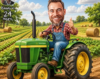 May include: A cartoon illustration of a man driving a green tractor in a field. The tractor has yellow wheels and accents. The man is wearing overalls and a plaid shirt, giving a thumbs up. The image includes the text "Ready in 24 Hours".