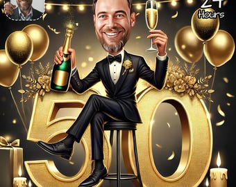 Custom 50th Man Cartoon Portrait | 50th Birthday Caricature | Birthday Cartoon | Personalized Birthday Gift | Man&#39;s Birthday | Funny Gift