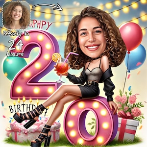 Portrait dessin animé 20e personnalisé | 20e caricature | Dessin caricature personnalisé joyeux anniversaire | Dessin animé 20e anniversaire, caricature d'anniversaire