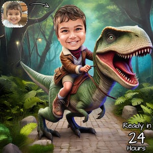 Caricatura de dinosaurio jurásico personalizada / Niño montando un dinosaurio / Regalo para niños / Caricatura de dinosaurio personalizada / Regalo divertido para niños, regalo genial