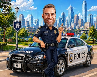 May include: Digital illustration of a smiling police officer in a dark blue uniform, leaning against a black and white police car. The background features a cityscape under a blue sky. The image includes the text "Ready in 24 Hours".