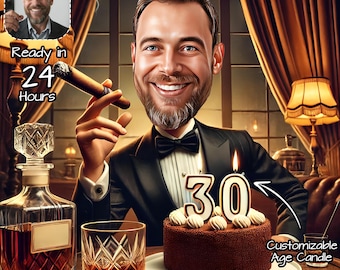 May include: A caricature of a person in a tuxedo holding a cigar and a glass of whiskey. A chocolate cake with a lit candle that says "30" is in front of the person. The cake is on a plate that says "Happy 30 Birthday".
