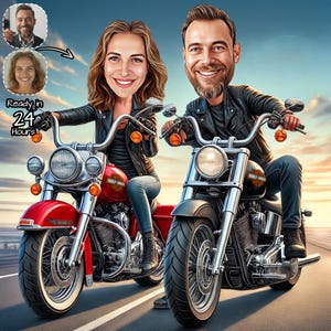 Ritratto di coppia di motociclisti personalizzato / Disegno di caricatura Harley personalizzato / Regalo per appassionati di Harley Davidson / Coppia / Caricatura divertente