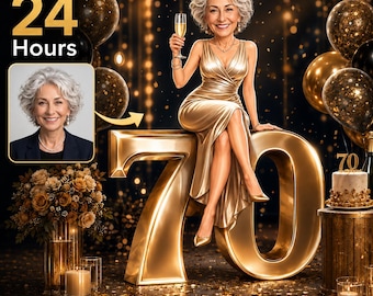 May include: A custom digital illustration featuring a caricature of a woman with silver hair wearing a gold dress, sitting on a large gold number 70. The image includes a small inset portrait, a cake with a 70 topper, and gold balloons.