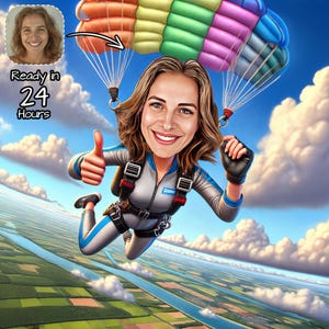 Fallschirmspringer Cartoon Portrait | Personalisierte Fallschirmspringer-Karikaturzeichnung | Geschenk für Fallschirmspringer | Benutzerdefinierte lustige Frau Fallschirmspringer