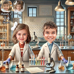 Portrait caricature de scientifique personnalisé | Portrait de dessin animé scientifique personnalisé | Cadeau drôle de chimiste | Cadeau drôle de chercheur | Décoration de laboratoire Uniqie