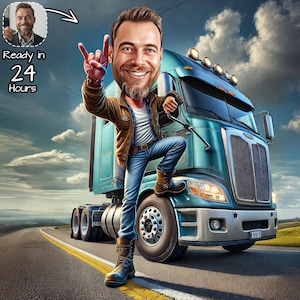 Aangepaste cartoonportret vrachtwagenchauffeur | Gepersonaliseerde karikatuurtekening vrachtwagenchauffeur | Truckercadeau | Cadeau vrachtwagenchauffeur | Trucker-tekening