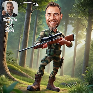Custom Jäger Cartoon Portrait | Personalisierte Jäger-Karikaturzeichnung vom Foto | Einzigartiges Jagdgeschenk | Perfekt für Jäger | Jäger
