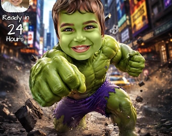May include: Digital artwork of a child transformed into the Hulk, with green skin and purple shorts, striking a powerful pose. The background shows a city scene. Text in the image reads "Ready in 24 Hours".