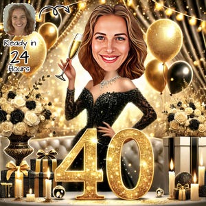 Retrato personalizado de caricatura de 40 cumpleaños / Caricatura de 40 cumpleaños / Caricatura de feliz cumpleaños personalizada / Caricatura de 40 cumpleaños / Caricatura de 40 cumpleaños