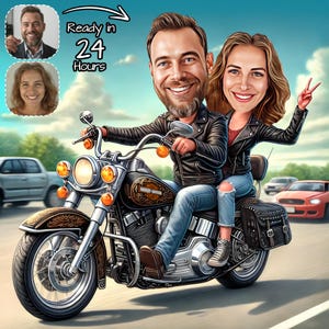 Ritratto di coppia di motociclisti personalizzato / Disegno di caricatura Harley personalizzato / Regalo per appassionati di Harley Davidson / Coppia / Caricatura divertente