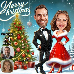 Aangepast kerstpaar cartoonportret | Kerstkarikatuur | Gepersonaliseerd kerstcadeau voor koppels | Aanpasbaar kerstcadeau