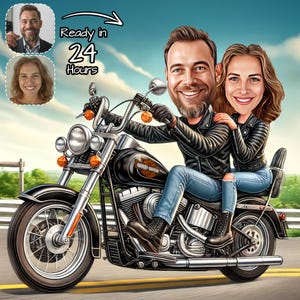 Retrato de pareja de motociclistas personalizado / Dibujo de caricatura de Harley personalizado / Regalo para entusiastas de Harley Davidson / Pareja / Caricatura divertida
