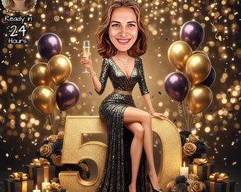 May include: A digital caricature of a woman celebrating her 50th birthday. She is wearing a black sequined dress and holding a champagne glass. The image includes gold and purple balloons, gifts, and the number 50.
