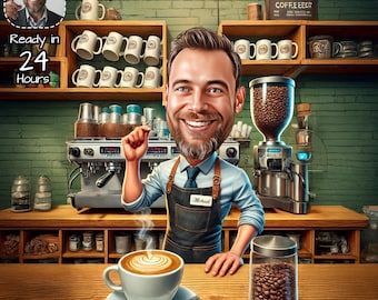 May include: A cartoon illustration of a barista in a coffee shop. The barista is wearing an apron and smiling. A cup of coffee with latte art sits on the counter. The image includes the text "Ready in 24 Hours". Shelves hold coffee cups and equipment.