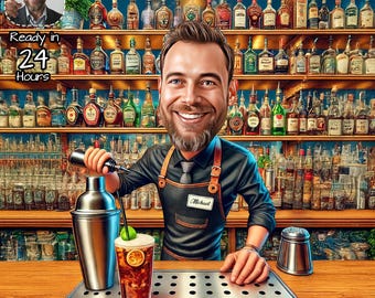 May include: A caricature of a bartender smiling, holding a cocktail shaker and pouring a drink. The bar is stocked with bottles. The image includes the text "Ready in 24 Hours".