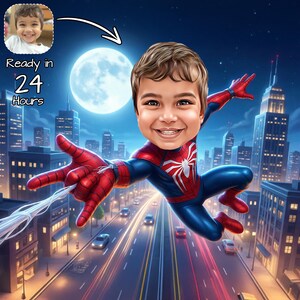 Puede incluir: Ilustración digital de un niño como Spider-Man, volando sobre una ciudad de noche. La imagen presenta una gran luna, rascacielos y el texto "Ready in 24 Hours". El niño lleva un traje rojo y azul de Spider-Man.