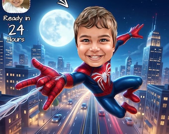 May include: Digital illustration of a child as Spider-Man, flying over a city at night. The image features a large moon, skyscrapers, and the text "Ready in 24 Hours". The child is wearing a red and blue Spider-Man suit.