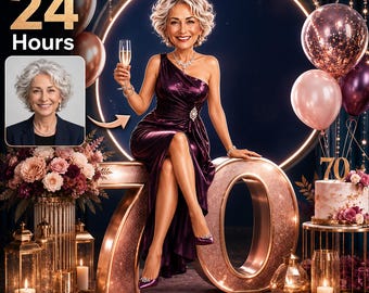 May include: A digital illustration of a person with short gray hair wearing a metallic purple one-shoulder gown, sitting on a large rose gold number 70. The scene includes a champagne flute, rose gold balloons, a cake with a 70 topper, and candles.