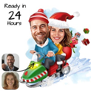 Personalized Christmas New Year Sledding Couple Cartoon | Unique Gift for Christmas Lovers | Christmas Couple Illustration"