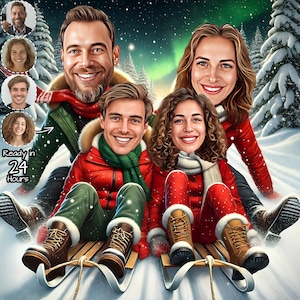 Aangepaste kerst familie cartoonportret | Familiekarikatuur | Kerstcadeau voor het gezin | Kerstcartoon | Cadeau voor kerst | Grappige karikatuur