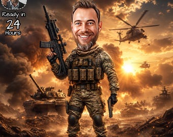 May include: A caricature of a smiling soldier in camouflage tactical gear, holding a black rifle in one hand and a pistol in the other. The background features a battlefield with tanks, helicopters, and a sunset sky. Text reads Ready in 24 Hours.
