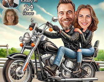 Custom Chopper Couple Portrait | Personalized Biker Caricature | Custom Motorcycle Couple Drawing | Funny Gift for Motorcycle Lovers