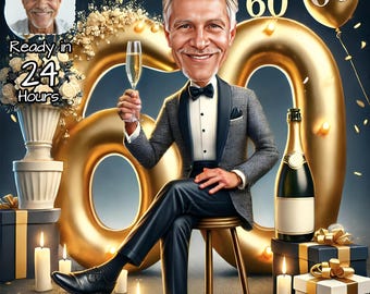 Custom 60th Man Cartoon Portrait | 60th Birthday Caricature | Birthday Cartoon | Personalized Birthday Gift | Man&#39;s Birthday | Funny Gift