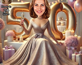 May include: A digital caricature of a woman celebrating her 50th birthday, holding a champagne flute. She wears a champagne-colored gown with a bow. Gold number balloons and pink balloons are in the background. The text "Ready in 24 Hours" is visible.