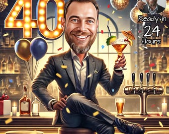 Custom 40th Man Cartoon Portrait | 40th Birthday Caricature | Birthday Cartoon | Personalized Birthday Gift | Man&#39;s Birthday | Funny Gift