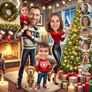 Retrato familiar de dibujos animados personalizado para Navidad / Caricatura familiar / Regalo familiar de Navidad / Caricatura navideña / Regalo para Navidad / Caricatura divertida