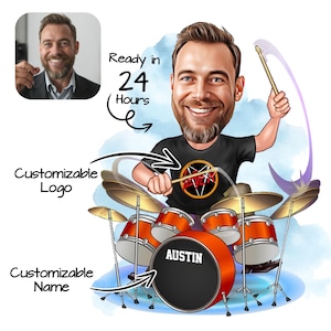 Gepersonaliseerde drummer cartoon | Gepersonaliseerde drummer cadeau | Drummercadeau | Uniek cadeau voor drummerfans