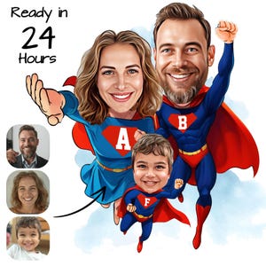 Gepersonaliseerde superheldenfamiliecartoon | Aangepast familiecadeau | Gepersonaliseerd familiecadeau | Perfect cadeau voor superheldenliefhebbers en gezinnen