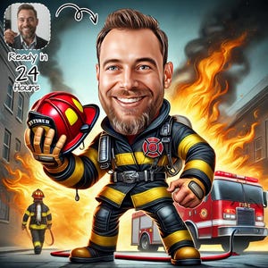 Custom Firefighter Cartoon Portrait | Dad Gift | Son Gift | Firefighter Caricature From Photo | Gift For Firefighter | Fireman | Fun Cartoon