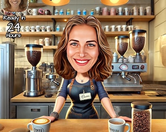 May include: A digital caricature of a barista in a coffee shop setting. The barista, wearing a blue apron with the name "Elana", stands behind a wooden counter with coffee cups and a jar of coffee beans. The image includes text that says "Ready in 24 Hours".