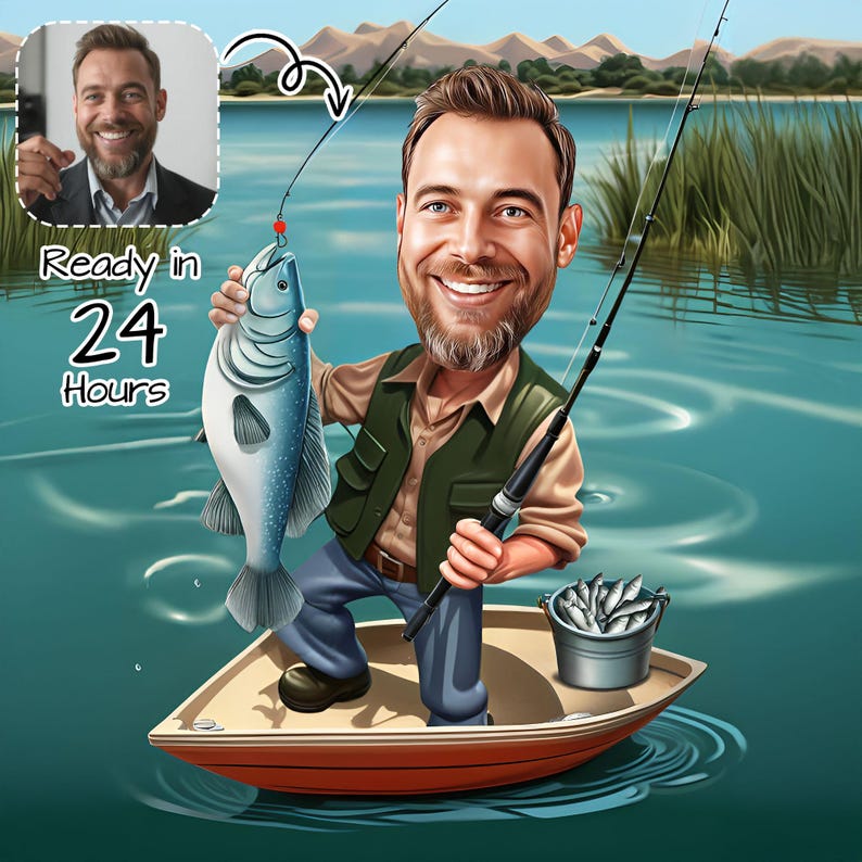 Custom Fisherman Caricature Fishing Custom Cartoon Digital Fisherman ...