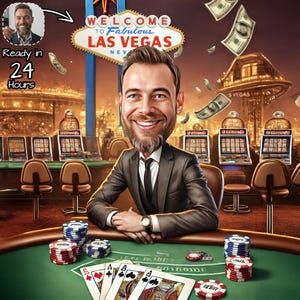 Retrato de póker personalizado / Dibujo de caricatura de casino personalizado / Regalo para jugadores / Caricatura divertida de casino / Caricatura de Las Vegas