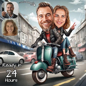 Custom Scooter Paar Porträt | Benutzerdefinierte Vespa Karikatur | Vesper | Personalisierte Roller Karikatur | Geschenk für Vespa Liebhaber | Lambretta