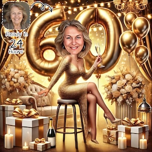 Retrato de caricatura personalizado de 60 años / Caricatura de 60 años / Dibujo de caricatura de feliz cumpleaños personalizado / Caricatura de 60 años, Caricatura de cumpleaños