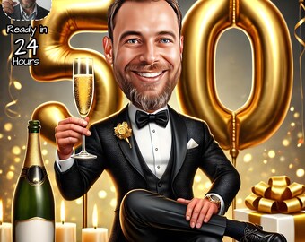 May include: Digital caricature of a man in a tuxedo holding a champagne flute, celebrating a milestone birthday. Gold number balloons and a champagne bottle are in the background. Text reads "Ready in 24 Hours".