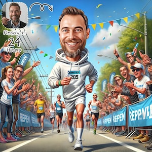 Spersonalizowany portret biegacza | Spersonalizowana karykatura biegacza | Prezent dla biegacza maratońskiego | Zabawny rysunek biegacza | Prezent dla biegacza, sprintera
