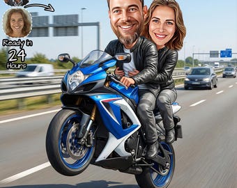 Custom Couple Motorcycle Caricature | Personalised Couple Racing Bike Cartoon | Gift For Biker | Couple Motorcycle Lover | Couple Biker Gift