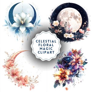 43 Celestial Floral Magic Clipart PNG – 43 PNG Mystieke bloemen, maan en sterren set – digitale download – commercieel gebruik