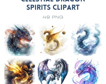 Celestial Dragon Clipart: Mystical Fantasy Illustrations (PNG Digital Download, Commercial Use)