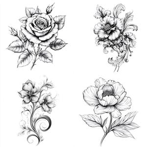 43 Floral Tattoo Sketches Clipart PNG – 43 PNG Black & White Flower Line Art Illustrations – Digital Download – Commercial Use